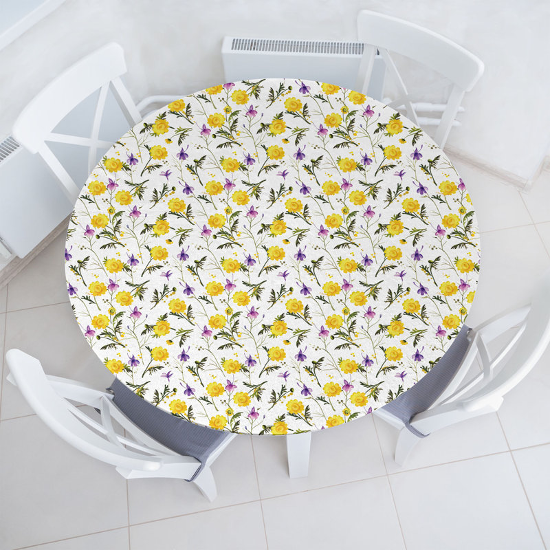 East Urban Home Floral Fitted Round Tablecloth Mustard Multicolor, 51.97" Round