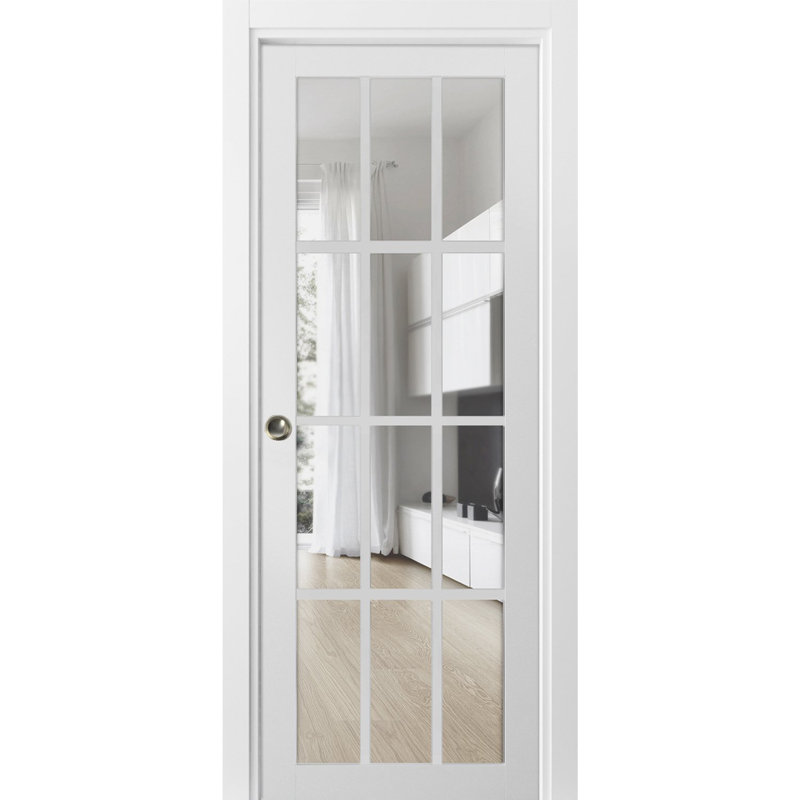 Porte coulissante à galandage avec vitrage transparent 12 carreaux Felicia 3355 Blanc Soie, trousse de garnitures, quincaillerie, bois massif, intérieur de chambre, portes robustes - 91,4 cm x 213,4 cm