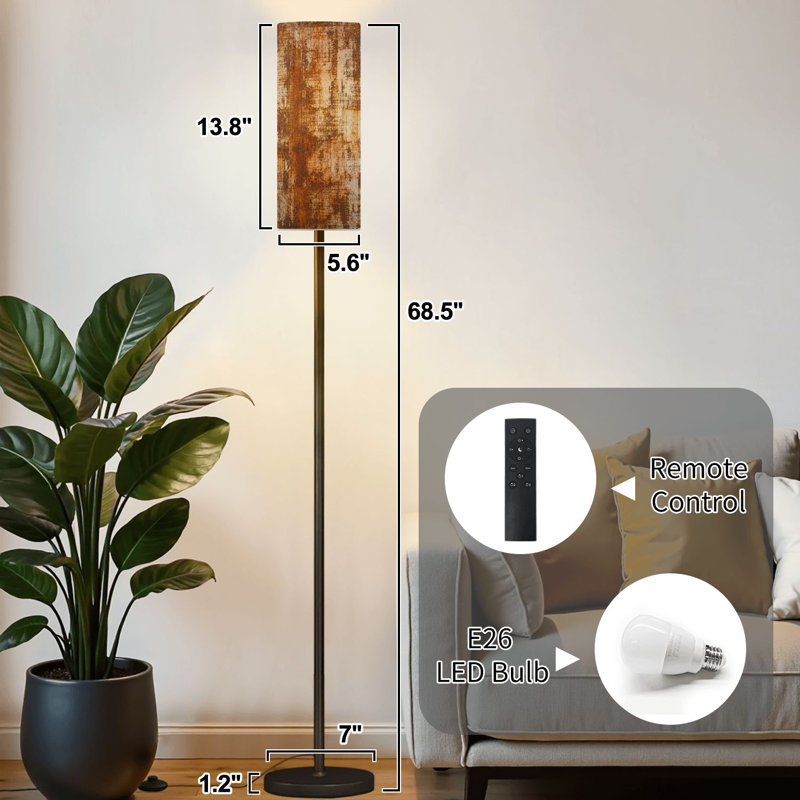 Lampe sur pied en bois effet rustique à intensité variable moderne avec télécommande et pédale, abat-jour, abat-jour haut, lampe de coin pour le salon, la chambre et le bureau