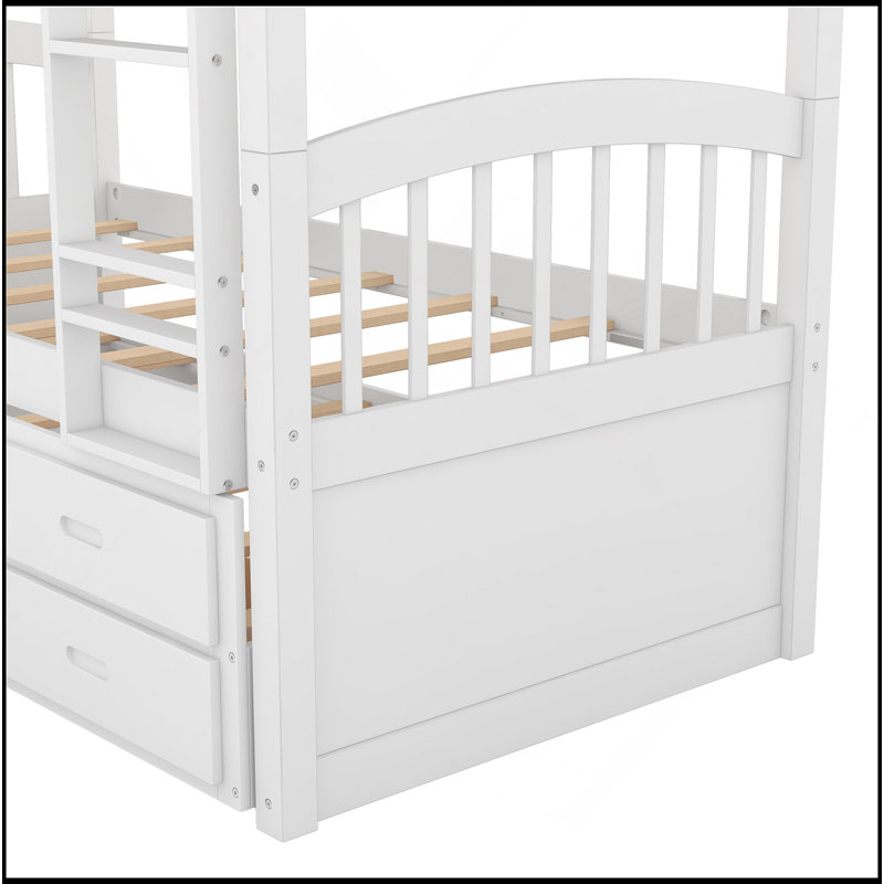 Lit superposé simple au-dessus d'un lit simple en bois avec lit gigogne et tiroirs, blanc
