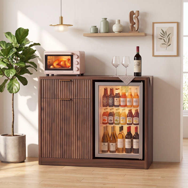 Bar Bargamin avec mini espace réfrigérateur et conception cannelée, Noyer