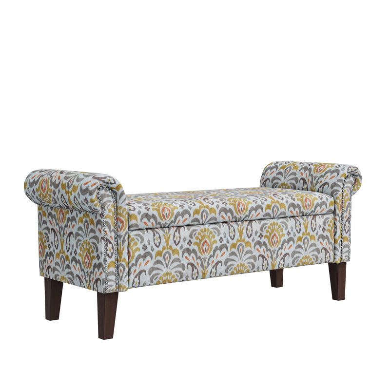 Banquette de rangement élégante à couvercle rabattable, revêtement à motif floral, intérieur spacieux, hauteur 61,3 cm, accoudoirs arrondis