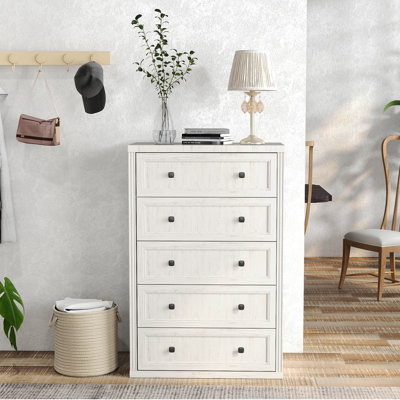 Commode blanche avec 5 tiroirs, commode en bois, tiroirs de rangement pour la chambre à coucher, le salon, le couloir, mesurant l 15,4 po x P 31,5 po x H 48 po