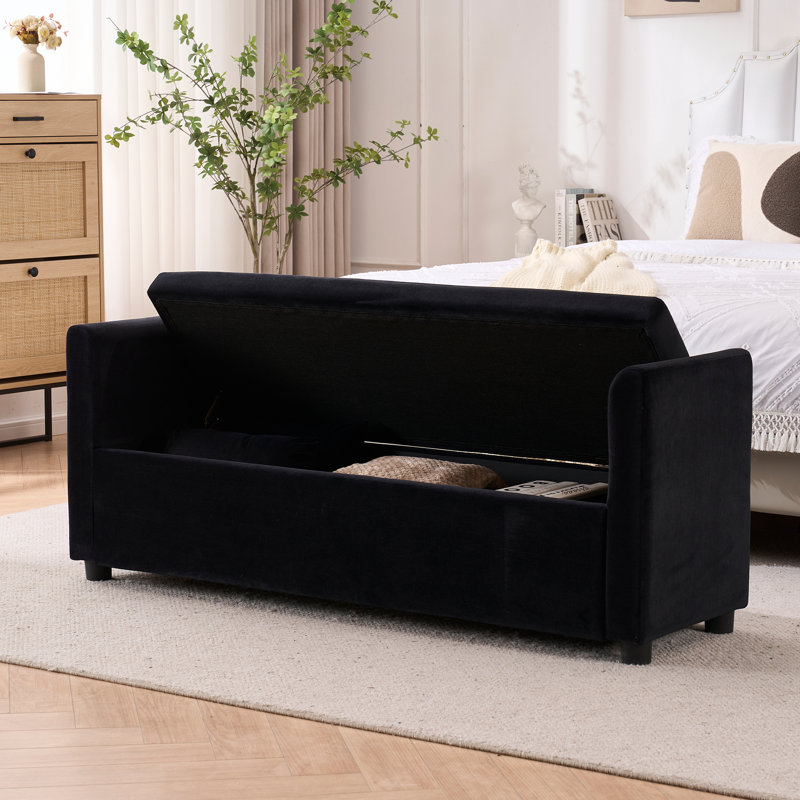 Banc rembourré avec rangement pour très grand lit Shaneta, Noir