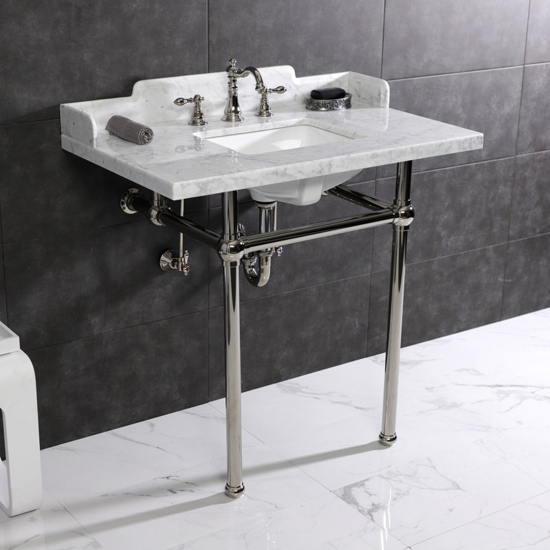 Kingston Brass Pemberton 36-Inch Carrara Marble Console Sink with Brass Legs (8-Inch, 3-Hole), Marble White/Polished Nickel