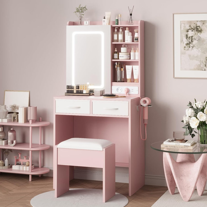 Makeup Vanity Desk w/ LED Mirror & Charging Station, Dressing Table w/ Stool, Outlets, USB Ports for Bedroom, Pink