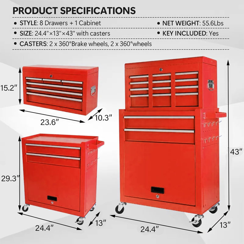 Coffre à outils roulant à 8 tiroirs, armoire de rangement à outils verrouillable et détachable 2 en 1 avec roulettes et tiroirs, organisateur d'outils robuste pour garage et atelier, rouge
