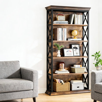 Élégante bibliothèque à 6 niveaux en métal et en bois, motif en X, structure de tableau, bibliothèque moderne de 70,11 lb, accents, espace généreux,