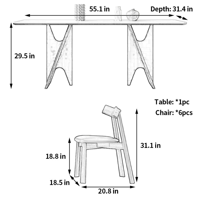 Light simple creative dining table and chair, 29.5"H x 55.1"L x 31.4"W