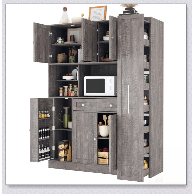Buffet traditionnel autoportant avec huche, grande armoire de rangement pour garde-manger, armoire latérale coulissante, tablettes de porte et tiroir