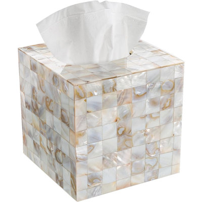 Milano Tissue Box Cover Square – Decorative Tissue Holder For Bathroom - Beautiful Natural Mother Of Pearl Capiz Shells Tissue Box Holder - Cube Tissue Box Cover With Durable Bottom Slider