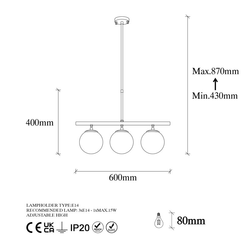 Lustre en forme de globe à 3 lumières pour îlot de cuisine, Bronze, H 13,5 po x l 13,5 po x P 2,3 po