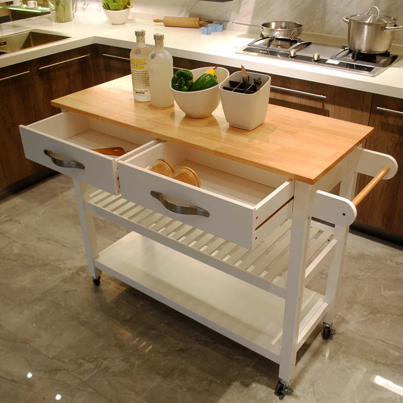 Îlot de cuisine et chariot de cuisine, plateau en bois d'hévéa, îlot de cuisine mobile avec deux roues verrouillables, conception simple pour un rangement et une récupération faciles, deux tiroirs offrent un rangement unique pour les ustensiles spéciaux.