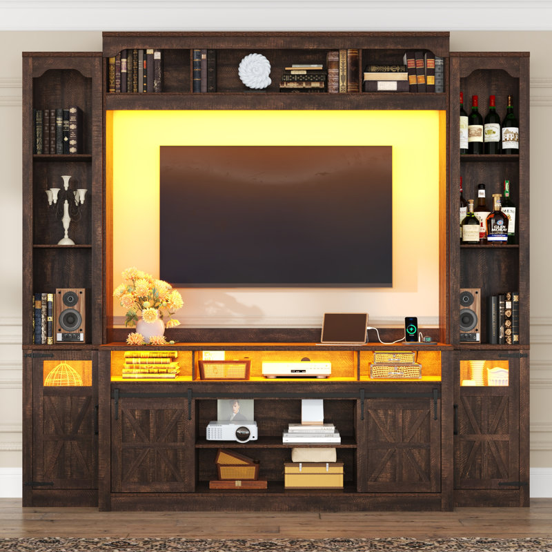 95" Farmhouse Wall Unit Entertainment Center For 65" Tvs – Large Tv Stand With Bookshelves, Led Lights & Power Outlets For Living Room