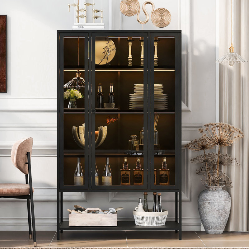 Vitrine moderne à trois côtés avec porte en verre et bandes à DEL pour poterie, livres dans la cuisine avec visibilité de 180 po, tablettes réglables, assemblage facile avec bouton-poussoir de collection à 3 lumières de 67,94 po de hauteur