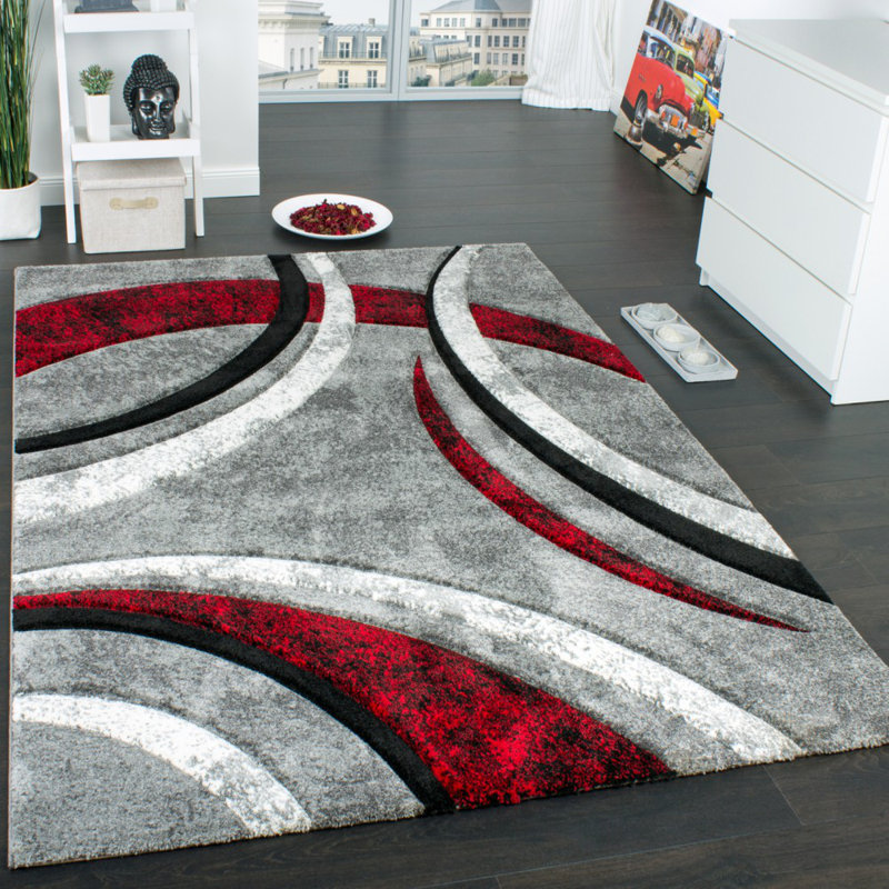 Large Gray and Red Abstract Rectangular Area Rug