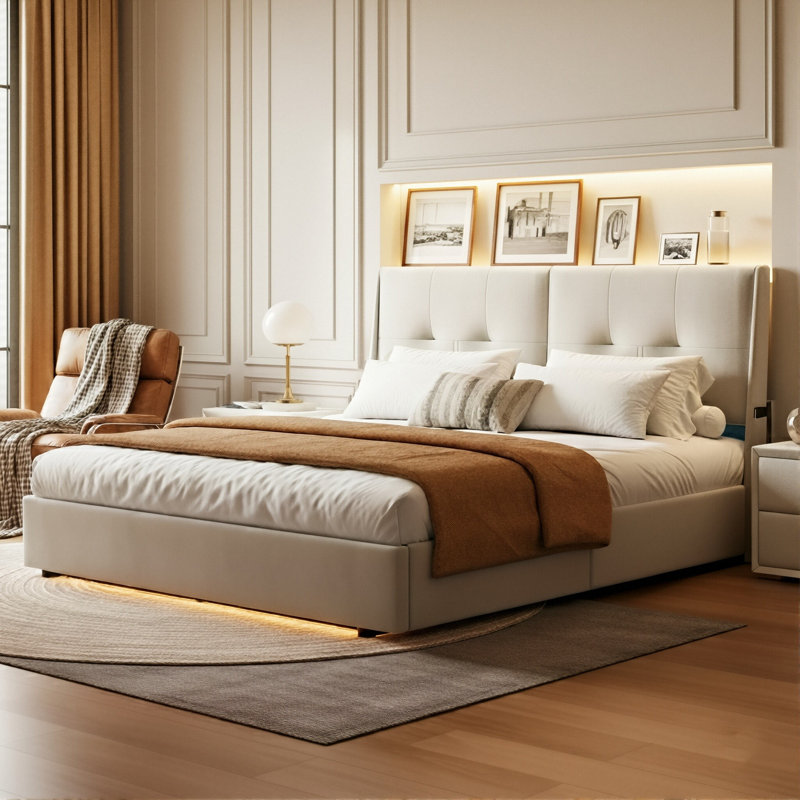EU Double & King Beige Velvet Upholstered Ottoman Bed, Dual LED Hydraulic Bed Frame With Side Pockets (140/160 X 200cm) 