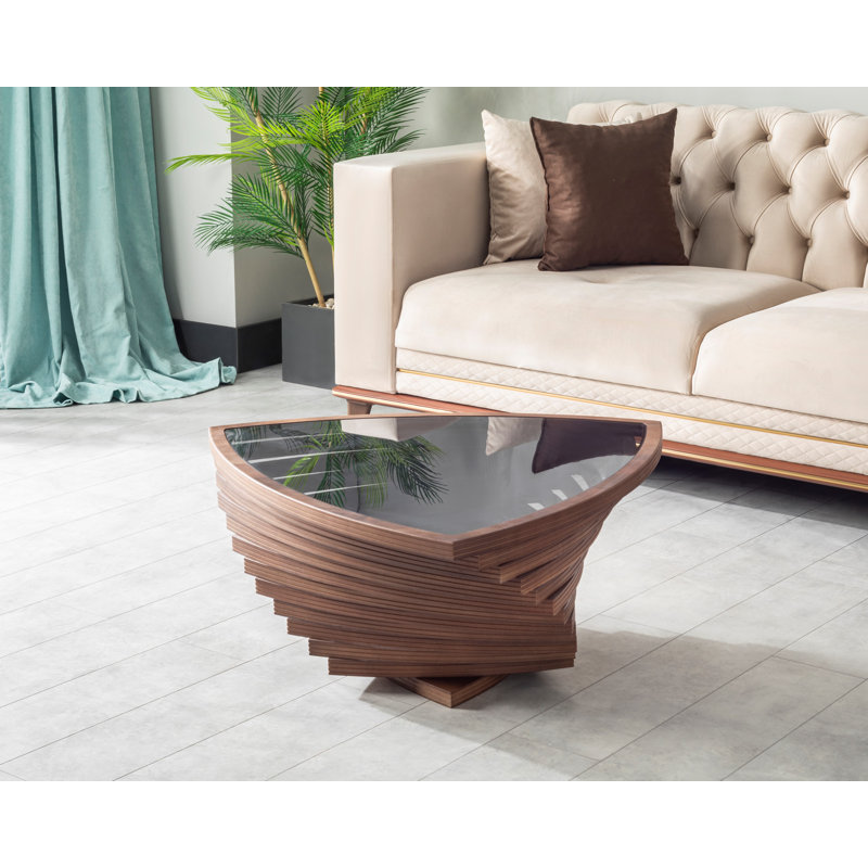 Triangular Walnut Coffee Table with Smoked Glass Top, Sculptural Modern Design