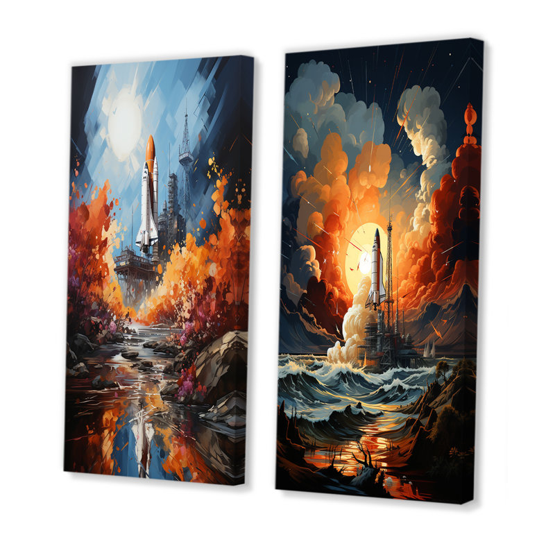 Impressionniste Cosmic Rocket Ship Voyage - Rocketship, ensemble d'art mural sur toile, H 28 po x l 25 po, Toile tendue