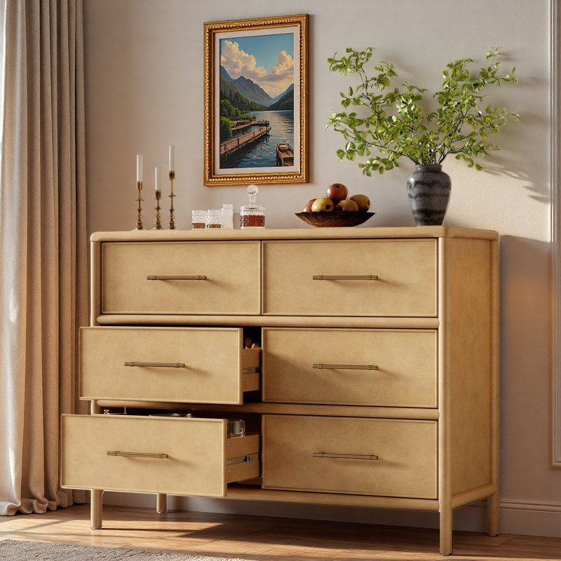 Commode avec 6 tiroirs et poignées dorées, Naturel
