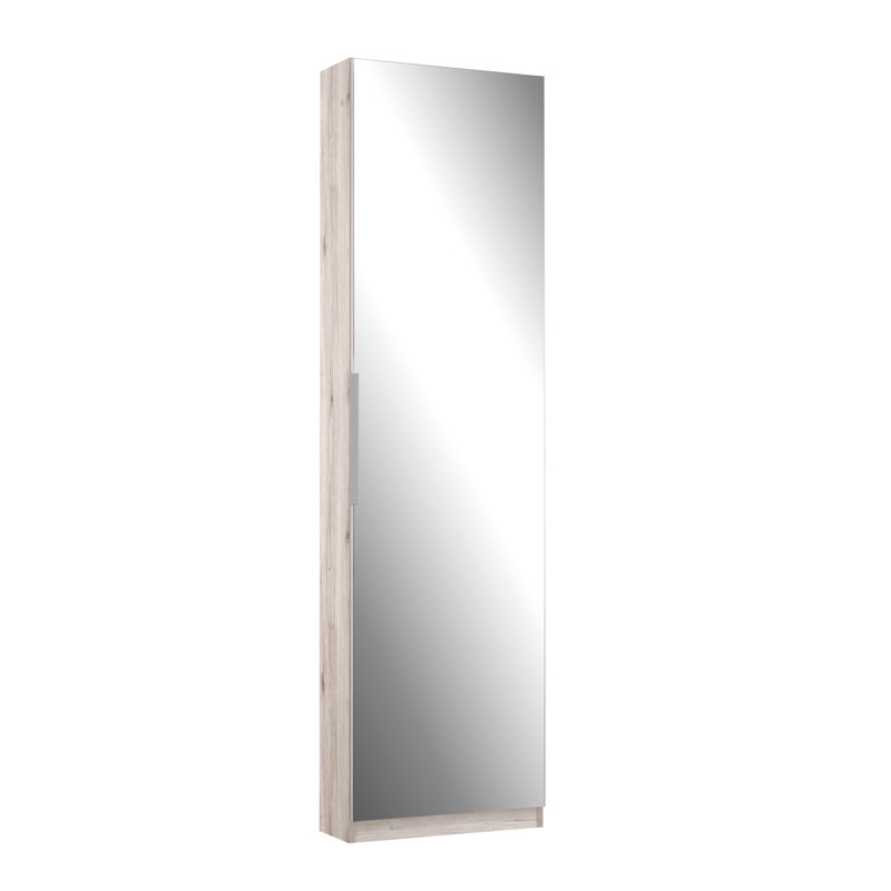 Amber Tall Mirrored Up To 20 Pair Shoe Storage Cabinet, Oak Wood