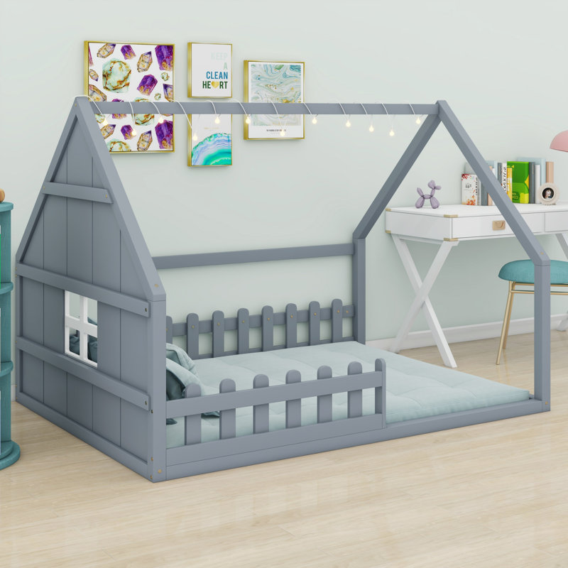 Joli cadre de lit en bois avec fenêtre décorative et clôture, Gray