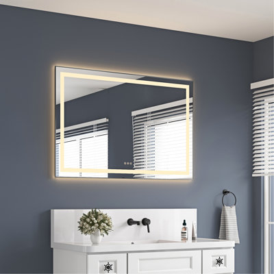 Miroir de salle de bain DEL avec éclairage 3 couleurs, fixation murale, - Gris anthracite, cadre en aluminium, 122 x 81 cm, mémoire, intensité variable en continu, idéal pour