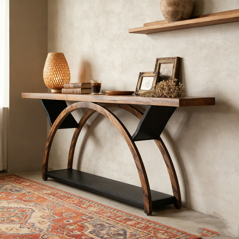 2-Tier Console Table Entryway Table with Half Moon Frame, Rustic Brown & Black