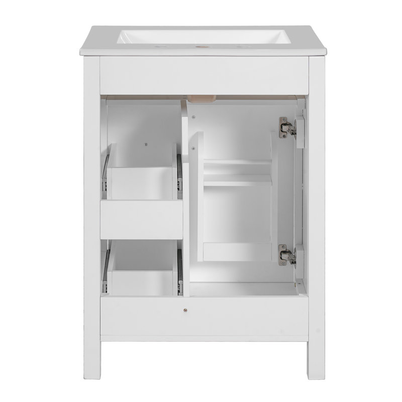 Meuble-lavabo de 24 pouces avec lavabo en céramique, 1 porte à fermeture en douceur, 2 tiroirs à fermeture en douceur et 2 supports de rangement sur la porte