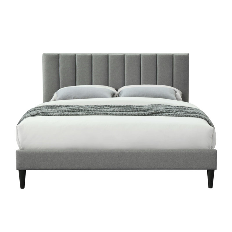Très grand lit avec option de chargement - Tête de lit tapissier en tissu gris