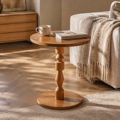 Table d'appoint ronde avec plateau de table en panneau de fibres à densité moyenne et pieds en bois de chêne massif