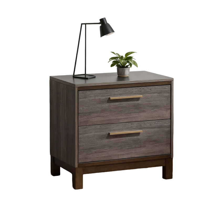 Table de chevet à 2 tiroirs en bois de style contemporain avec pieds droits, deux tons, Brun