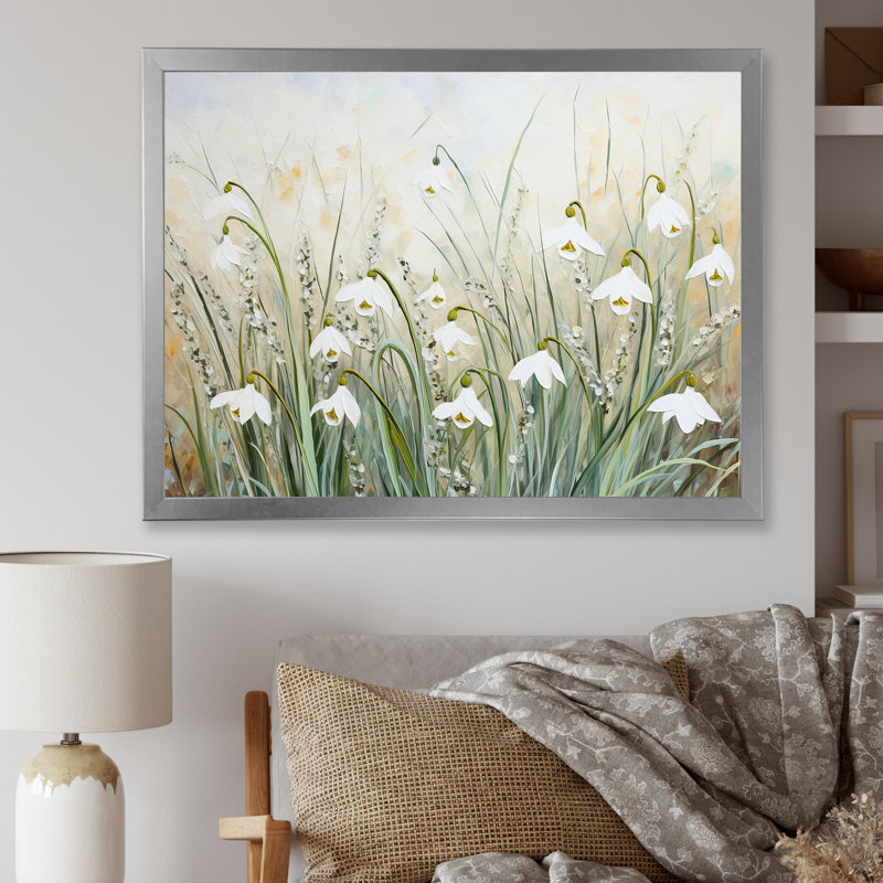 «Farmhouse Snowdrops Bloom Charm I», reproduction sur toile, Cadre simple argenté, H 16 po x l 32 po x P 1 po