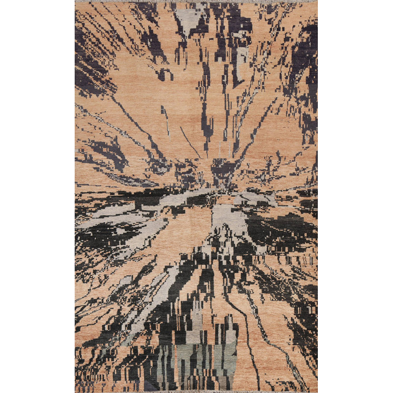 Tapis unique en laine noué à la main 5 pi 3 po x 7 pi 8 po New Age pêche / noir / gris