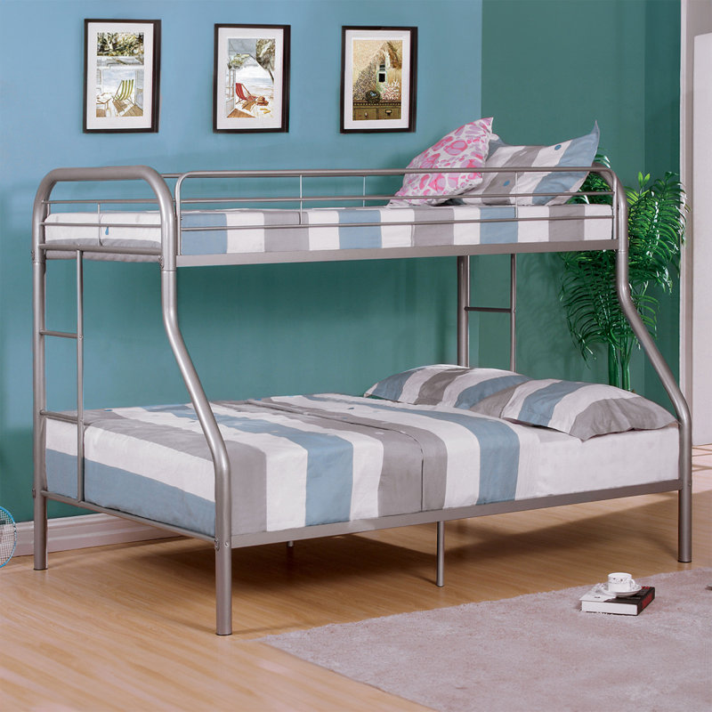 Lit simple superposé au dessus d'un lit double en métal de style contemporain avec échelle en angle, Argent argent