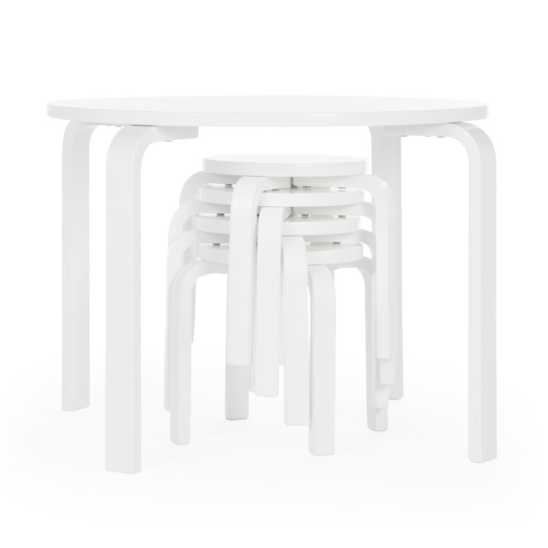 Nordic Toddler and Kids 5 Piece Round Table and Stool Set, White