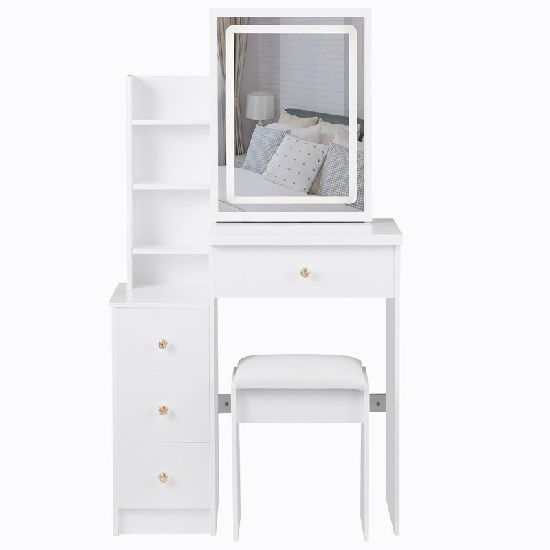 Table de coiffeuse avec tabouret rembourré Ray, Blanc