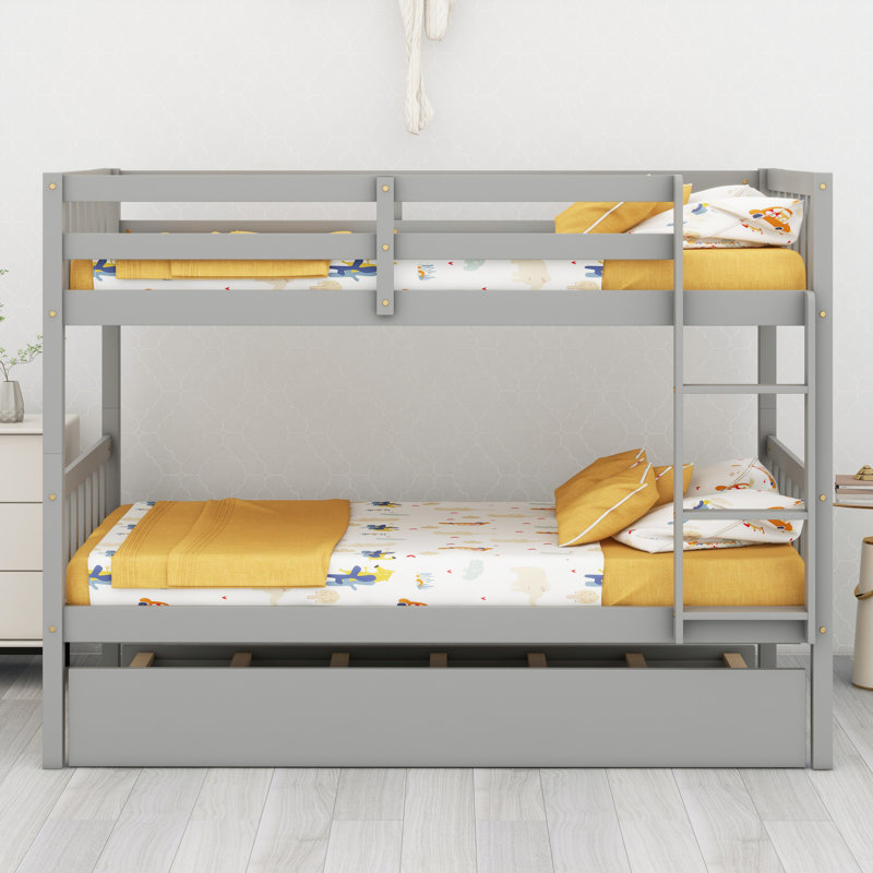 Lit superposé modulaire en bois avec lit gigogne, conception convertible et garde-corps de sécurité, Gris