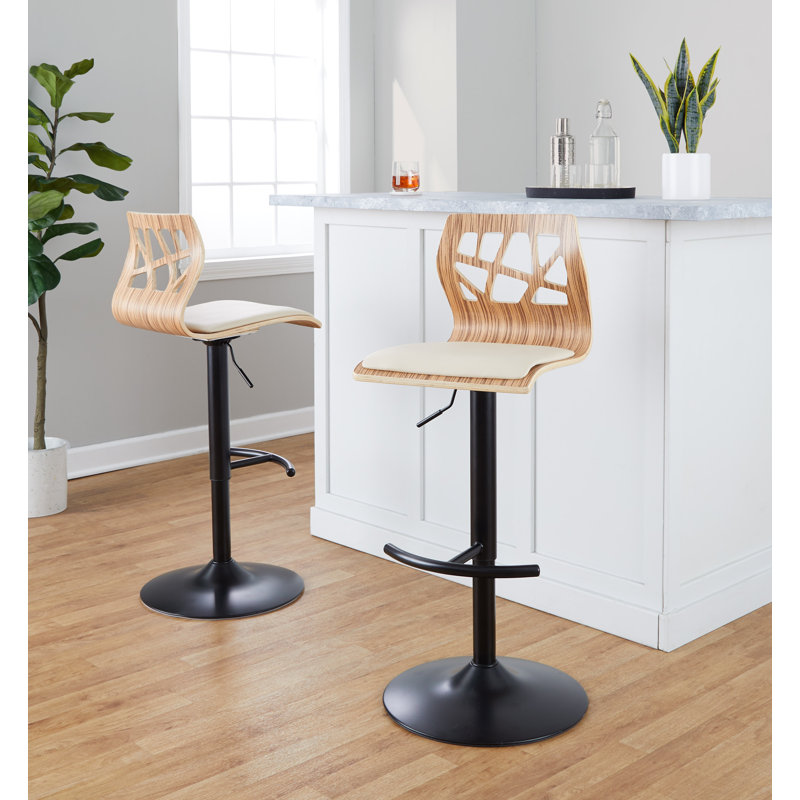Tabourets ajustables avec repose-pieds arrondi Fayette, Noir, Similicuir crème / bois zébré