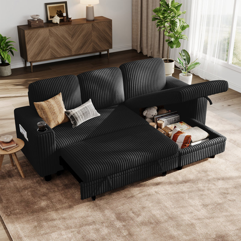 Sherry 81'' Upholstered Modular Sectionals with Pull Out Sofa,Storage Chaise,USB Charging & Cup Holders, Effie Black Corduroy