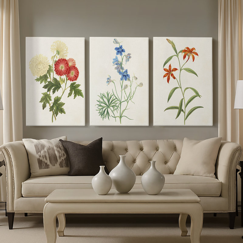 Fleurs des saisons I - Toile tendue avec châssis sur mesure - 3 pièces, H 18 po x l 36 po