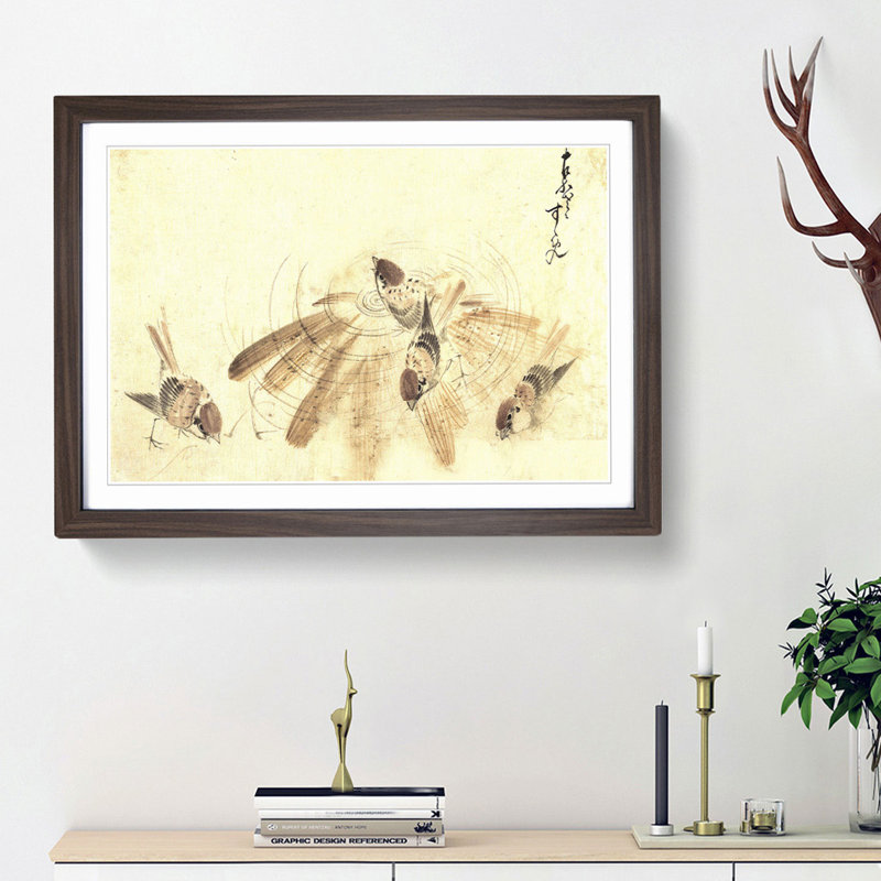 Sparrow Sketch by Katsushika Hokusai - Picture Frame Drawing Print, Walnut Framed, 27cm H x 36cm W x 2cm D