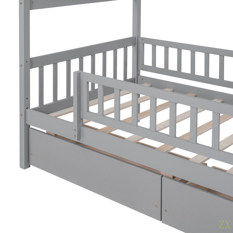 Lit simple en bois avec deux tiroirs, Gris