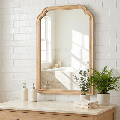  24" x 36" Natural Wood Framed Rounded Corner Wall Mirror, Solid Wood Decorative Accent Mirror for Bedroom, Bathroom, Living Room, Entryway