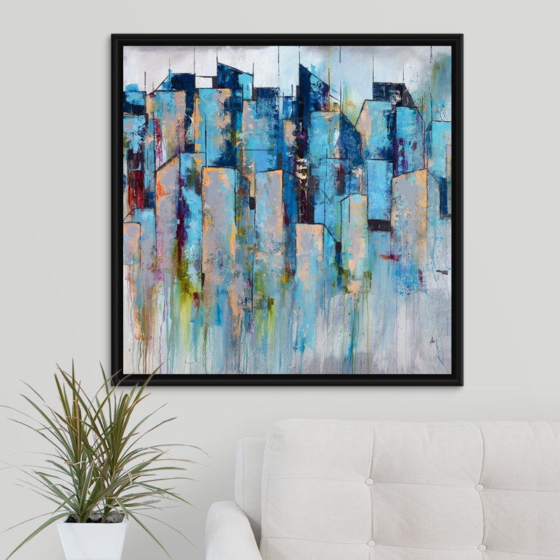 « centre-de-mémoire », peinture sur toile, H 31,7 po x l 31,7 po x p 1,75 po, Cadre flottant noir