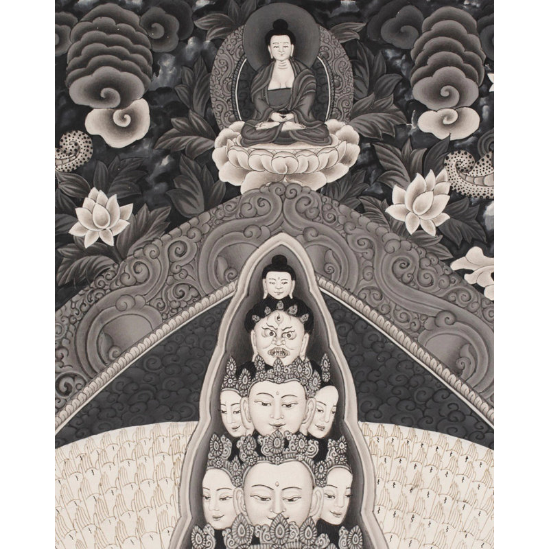 Peinture Chengrezig à 1000 bras noir et blanc encadrée par Manjushree et Vajrapani Thangka