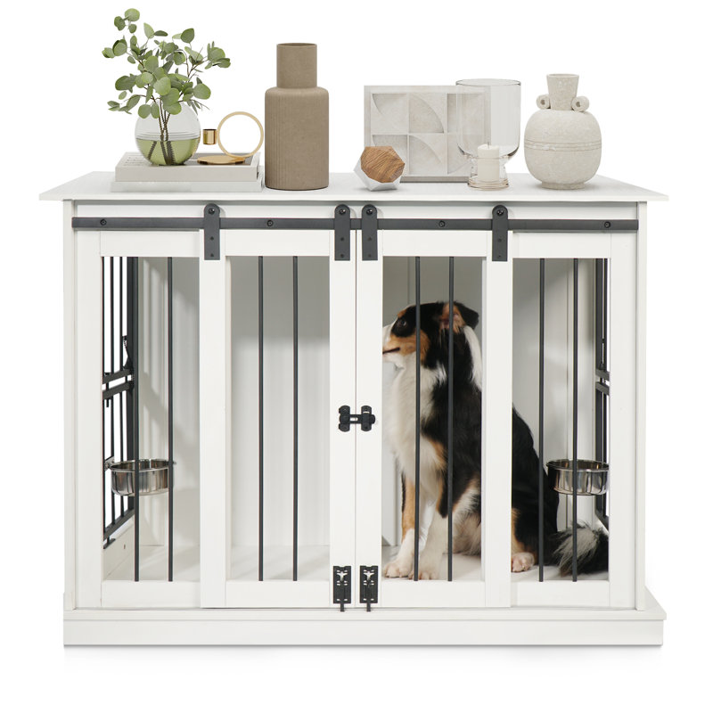White Medium Wooden Dog Crate Table with Sliding Doors