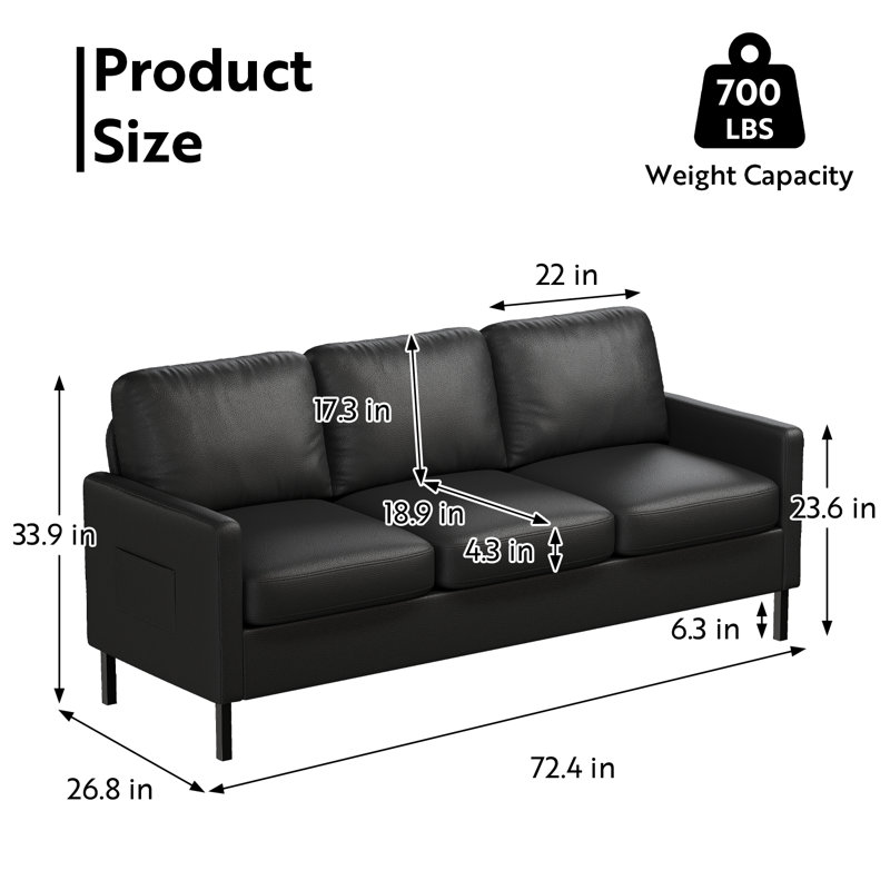 72"W Faux Leather 3-Seater Sofa With USB Port, Black