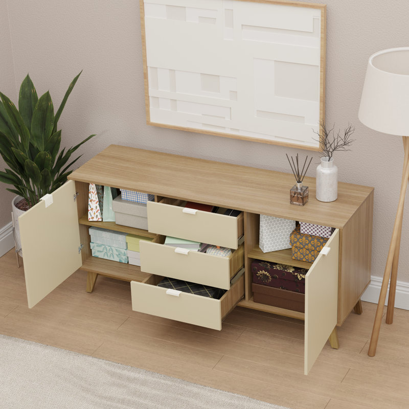 Buffet 59,1 po avec 2 portes et 3 tiroirs Kaleo, Brun clair / crème