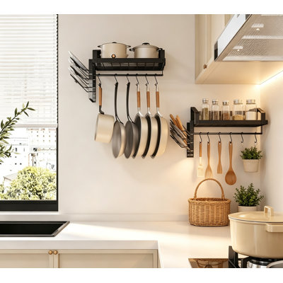 Wall Mounted Pot Rack Set of 2, Towel Bar & 12 Hooks, Black